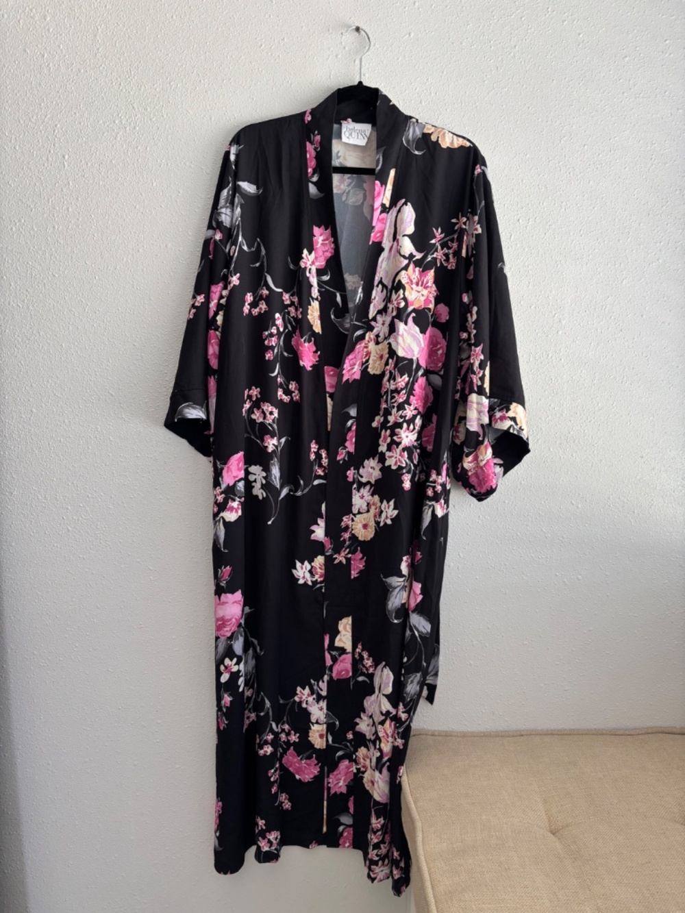 Helena Quinn Long Silk Robe Black Garden Floral Print Robe